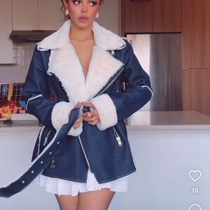 Blue Jean Jacket with White Shearling Lining and Oversized Fit